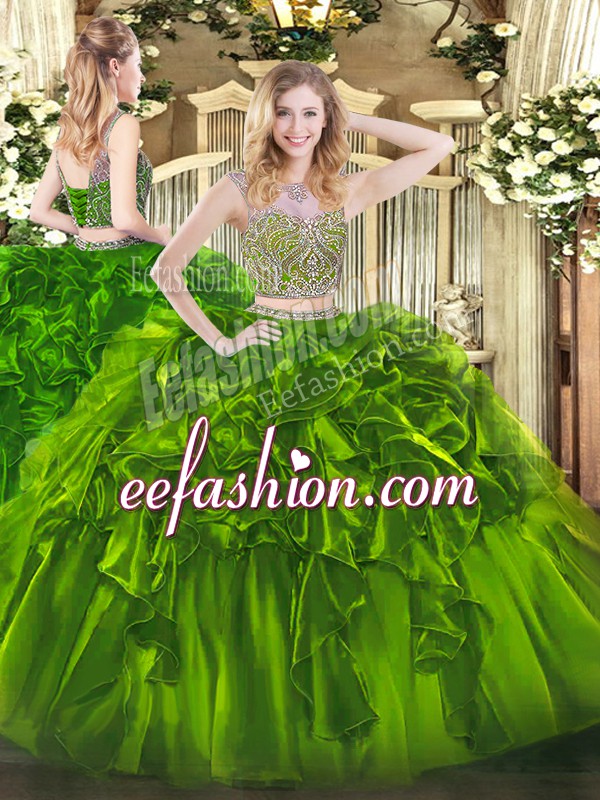  Olive Green Organza Lace Up Quinceanera Gown Sleeveless Floor Length Beading and Ruffles