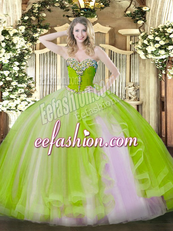 Sweetheart Sleeveless Quinceanera Dress Floor Length Beading and Ruffles Yellow Green Tulle