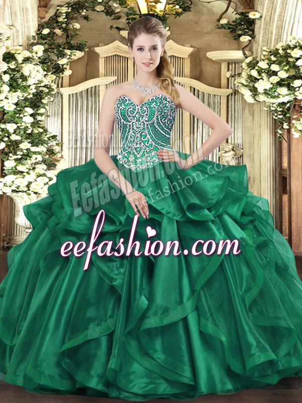  Dark Green Sleeveless Floor Length Beading and Ruffles Lace Up Quince Ball Gowns