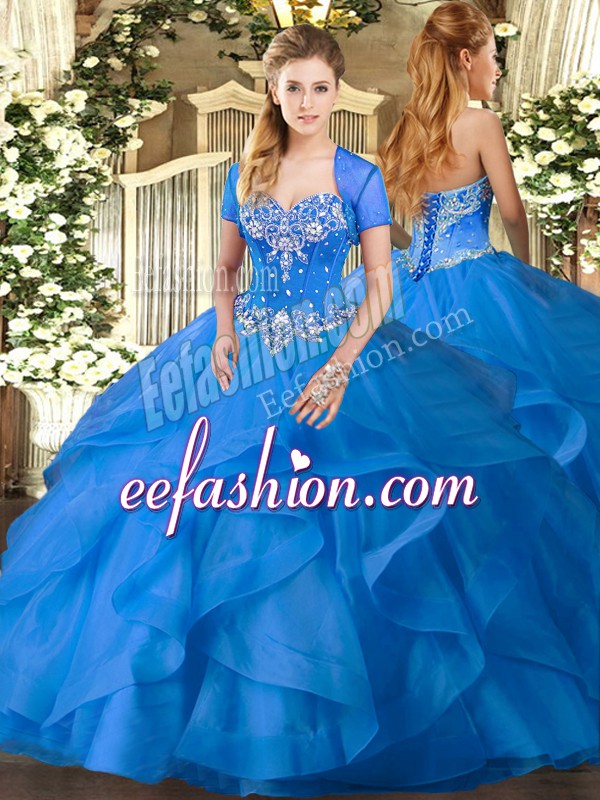Comfortable Sleeveless Lace Up Floor Length Beading and Ruffles Ball Gown Prom Dress