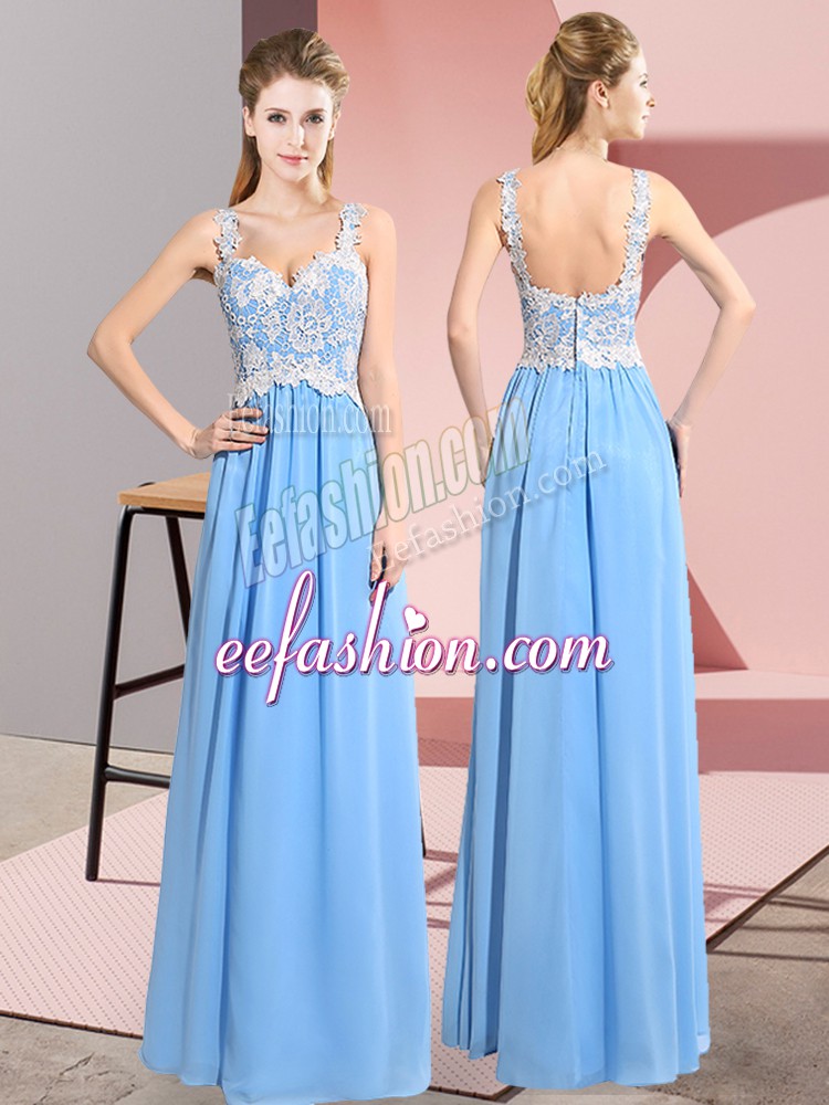 Free and Easy Aqua Blue Empire Chiffon V-neck Sleeveless Lace Floor Length Zipper Prom Party Dress