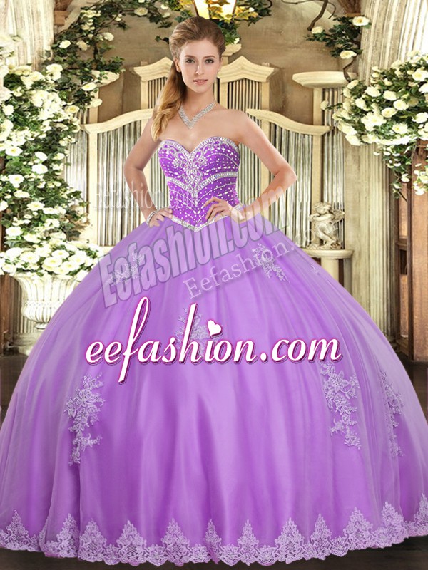  Lavender Tulle Lace Up Sweet 16 Quinceanera Dress Sleeveless Floor Length Beading and Appliques