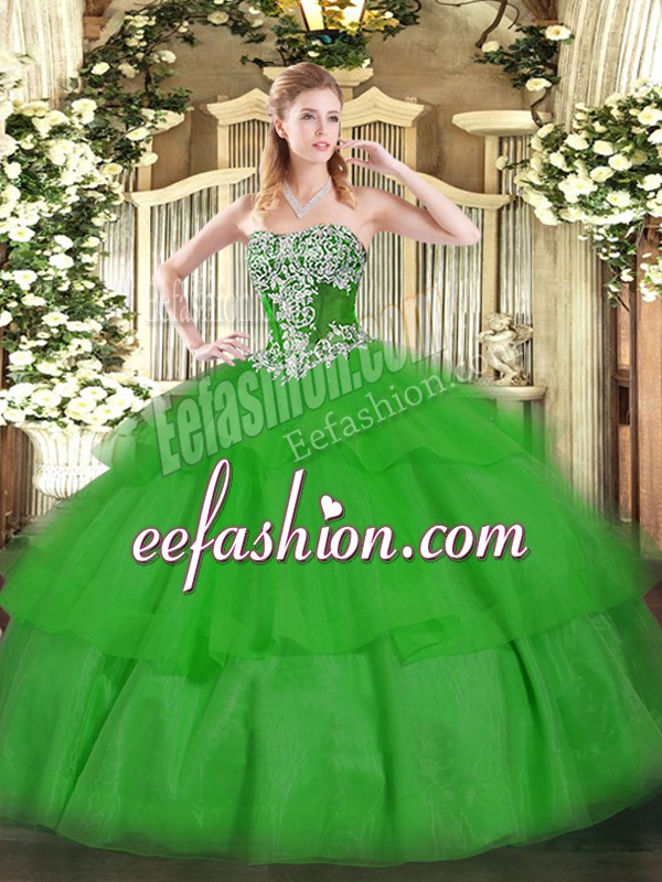  Sleeveless Tulle Floor Length Lace Up Ball Gown Prom Dress in Green with Beading and Ruffled Layers