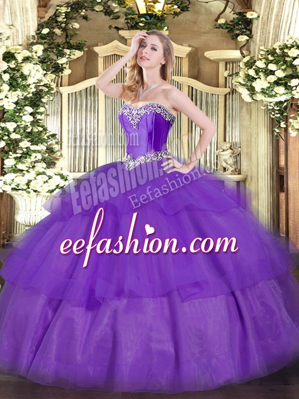  Sweetheart Sleeveless Quinceanera Gowns Floor Length Beading and Ruffled Layers Lavender Tulle
