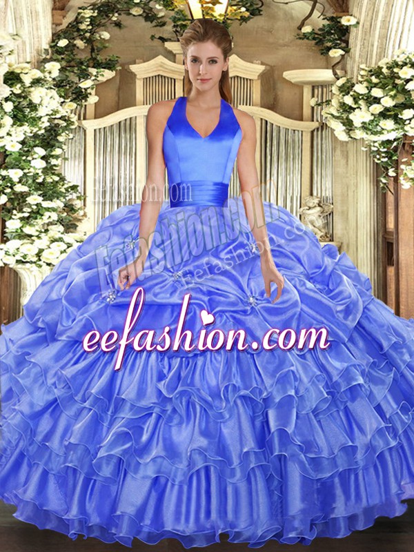 Wonderful Halter Top Sleeveless Organza 15 Quinceanera Dress Ruffled Layers and Pick Ups Lace Up