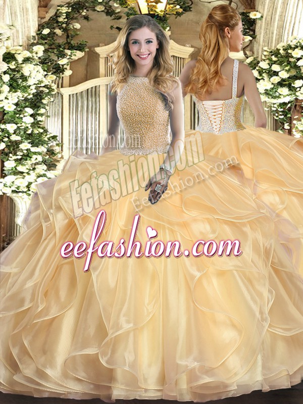  Floor Length Ball Gowns Sleeveless Champagne Quinceanera Dress Lace Up