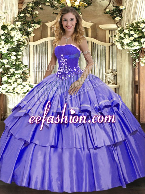 Affordable Lavender Ball Gowns Beading and Ruffled Layers Vestidos de Quinceanera Lace Up Organza and Taffeta Sleeveless Floor Length