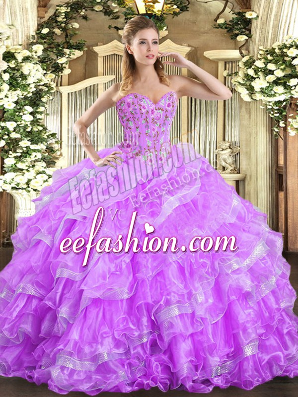  Embroidery and Ruffled Layers Quince Ball Gowns Lilac Lace Up Sleeveless Floor Length