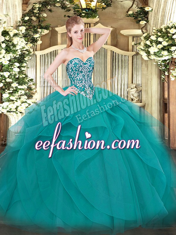 Dynamic Ball Gowns 15th Birthday Dress Teal Sweetheart Tulle Sleeveless Floor Length Lace Up