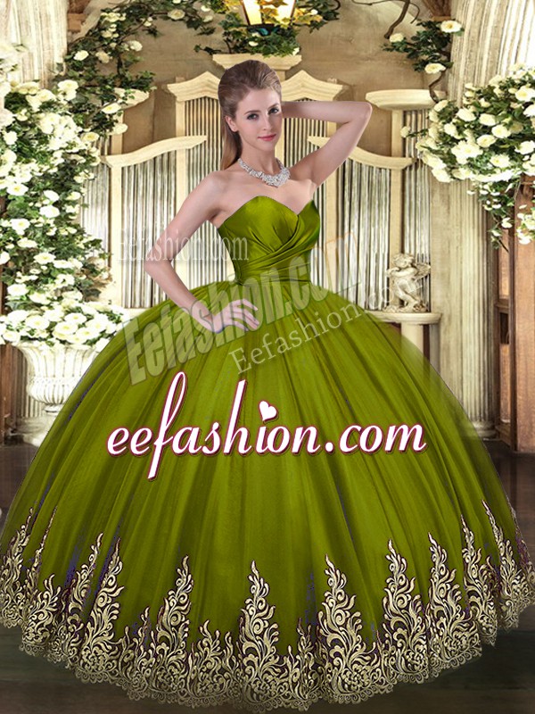 Exquisite Olive Green Ball Gown Prom Dress Military Ball and Sweet 16 and Quinceanera with Appliques Sweetheart Sleeveless Zipper