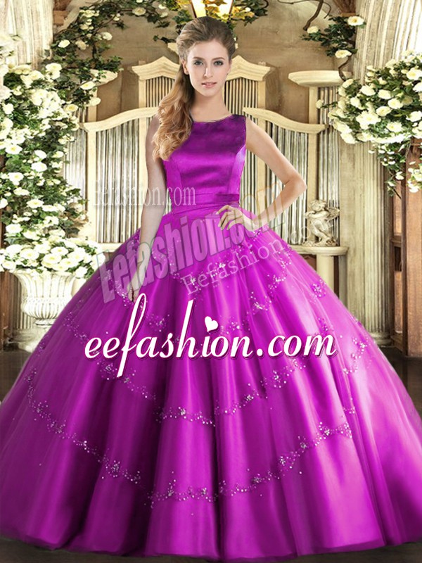  Floor Length Fuchsia Quince Ball Gowns Scoop Sleeveless Lace Up