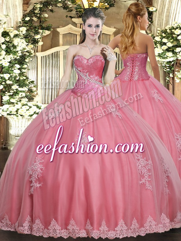  Floor Length Lace Up Vestidos de Quinceanera Watermelon Red for Military Ball and Sweet 16 and Quinceanera with Beading and Appliques