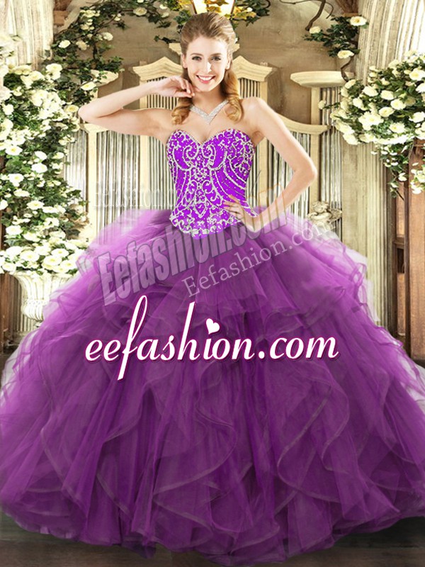  Floor Length Lace Up 15 Quinceanera Dress Purple for Military Ball and Sweet 16 and Quinceanera with Beading and Ruffles