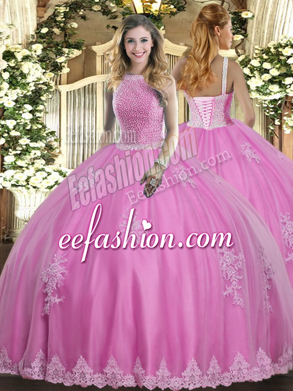  Floor Length Ball Gowns Sleeveless Rose Pink Ball Gown Prom Dress Lace Up