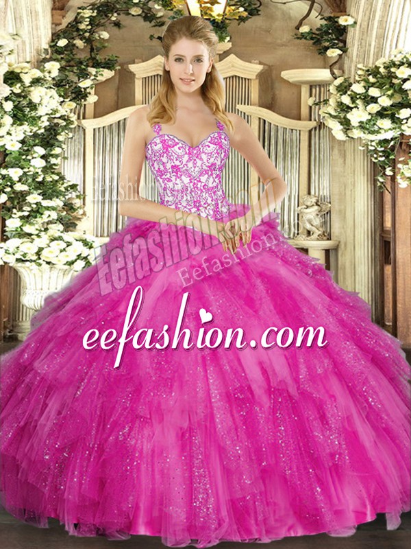  Fuchsia Straps Neckline Appliques and Ruffles Sweet 16 Dresses Sleeveless Lace Up