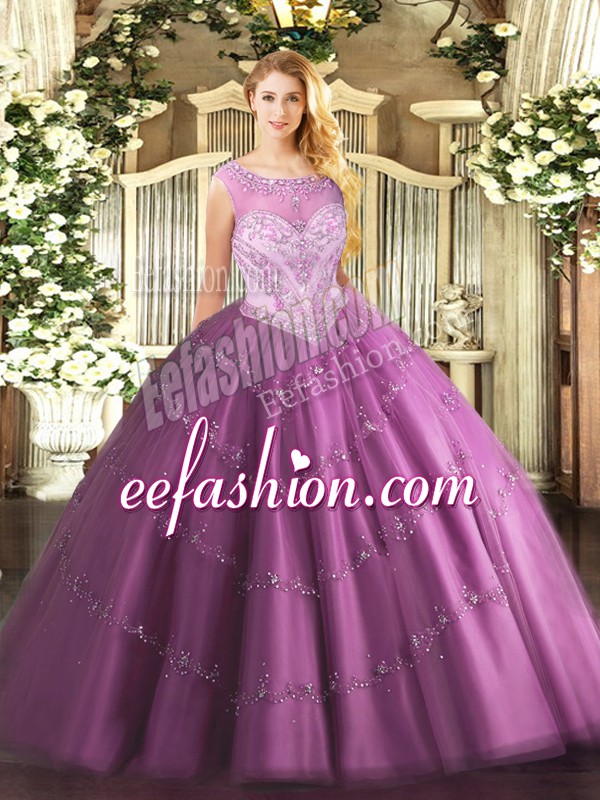  Sleeveless Floor Length Beading Zipper Quinceanera Dress with Lilac
