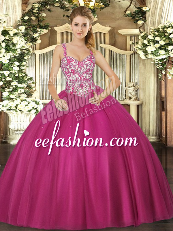 Suitable Beading and Appliques Quince Ball Gowns Fuchsia Lace Up Sleeveless Floor Length
