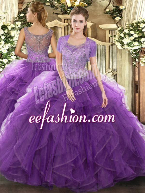 Spectacular Beading and Ruffled Layers 15th Birthday Dress Lavender Clasp Handle Sleeveless Floor Length