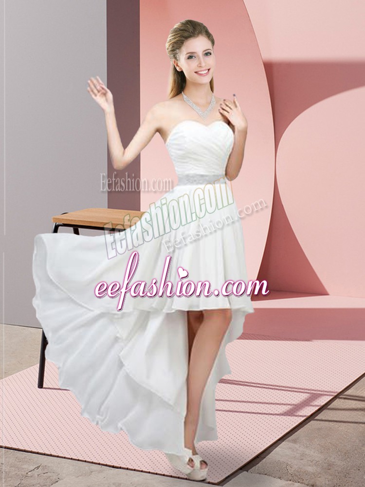  White Lace Up Prom Dress Beading Sleeveless High Low