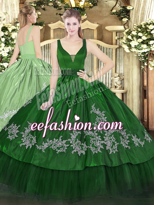 Exceptional Floor Length Zipper Sweet 16 Dress Dark Green for Military Ball and Sweet 16 and Quinceanera with Beading and Embroidery