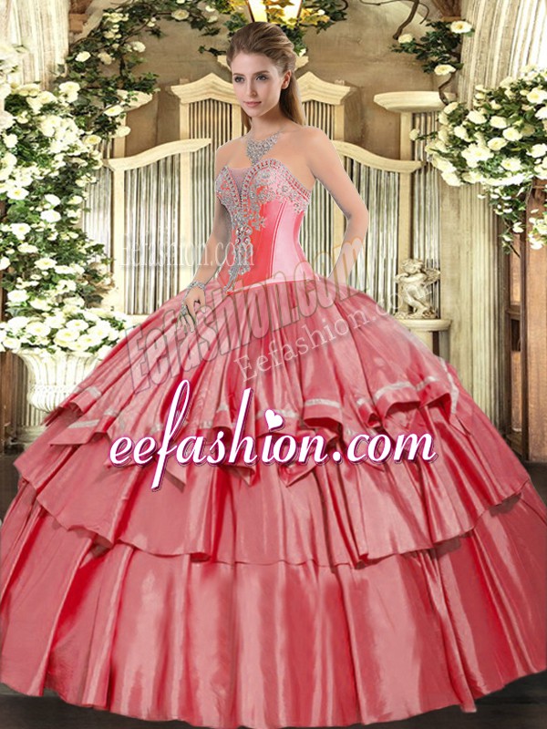  Sweetheart Sleeveless 15th Birthday Dress Floor Length Beading and Ruffled Layers Coral Red Organza and Taffeta