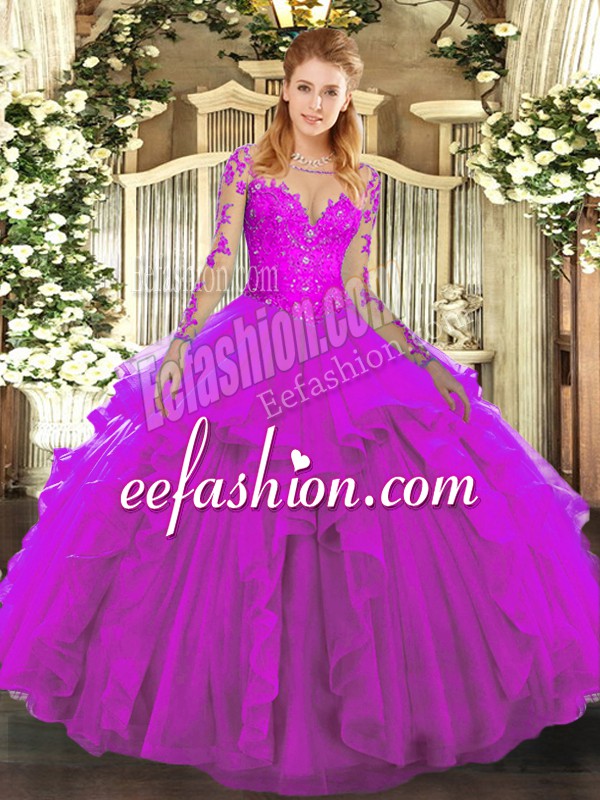  Lace and Ruffles Quinceanera Gown Fuchsia Lace Up Long Sleeves Floor Length