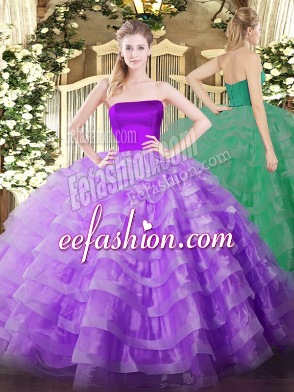  Lilac Tulle Zipper Strapless Sleeveless Floor Length 15 Quinceanera Dress Ruffled Layers