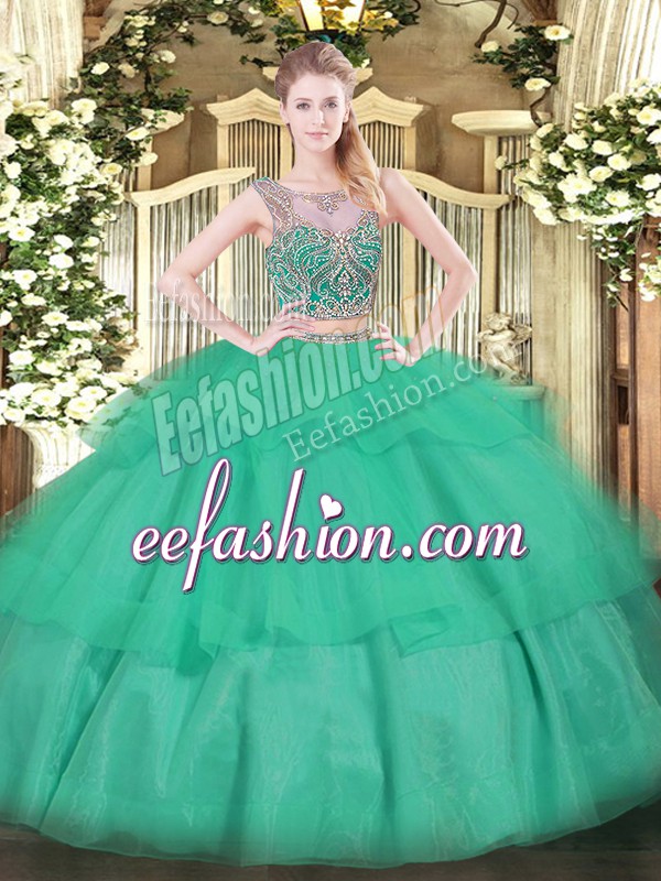 Great Floor Length Two Pieces Sleeveless Turquoise Quince Ball Gowns Lace Up