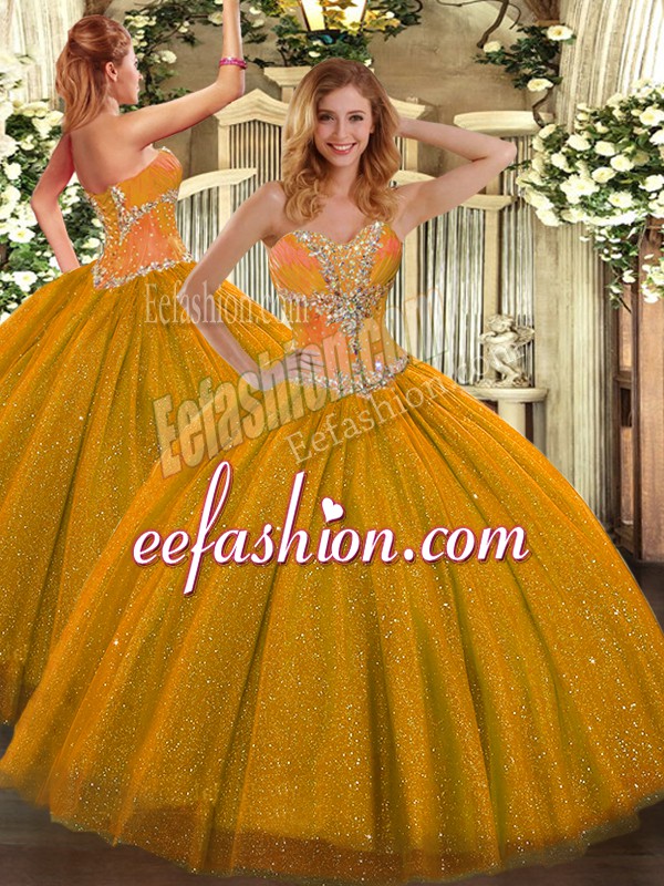  Ball Gowns Sweet 16 Dress Gold Sweetheart Tulle Sleeveless Floor Length Lace Up