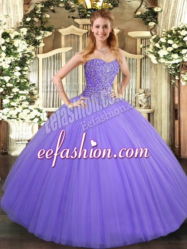  Sleeveless Tulle Floor Length Lace Up Quinceanera Dress in Lavender with Beading