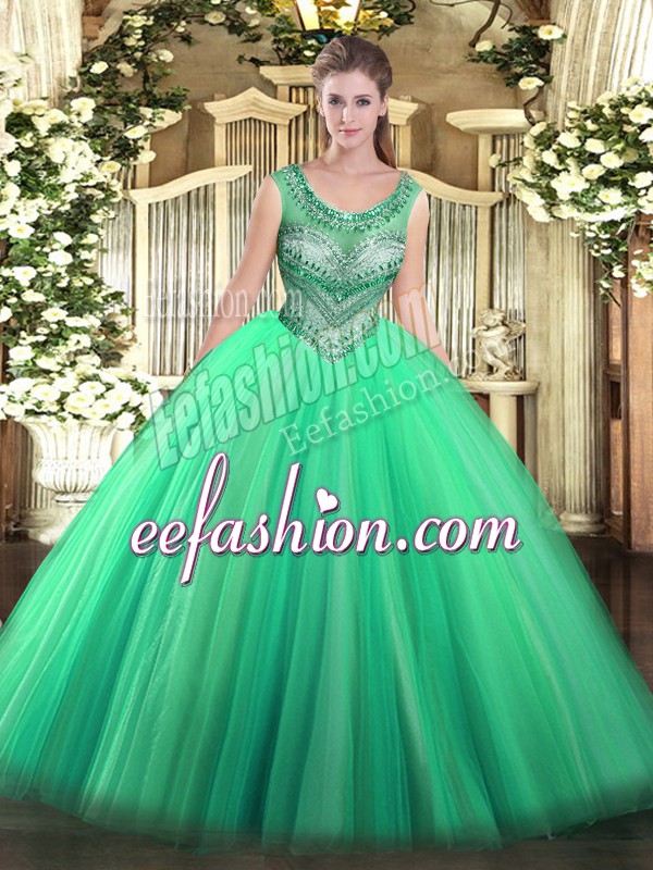 Edgy Turquoise Sleeveless Floor Length Beading Lace Up Sweet 16 Dresses