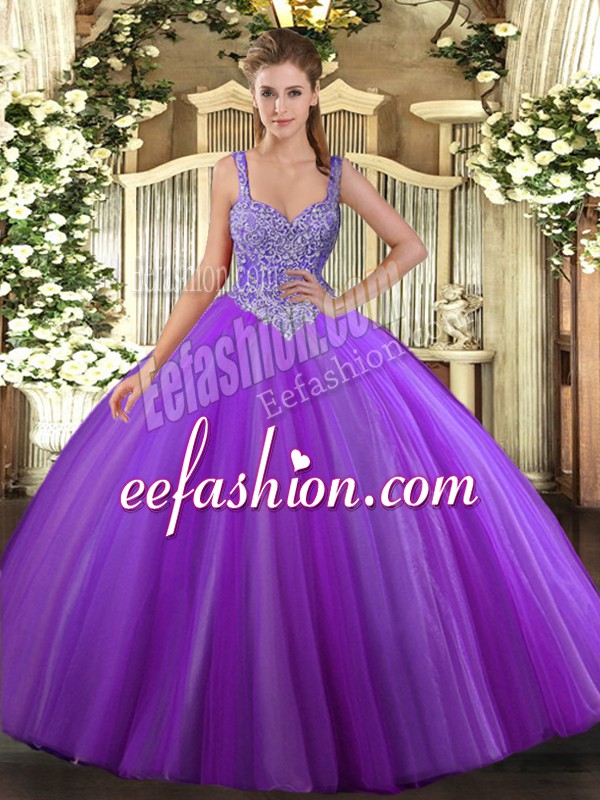  Purple Sleeveless Beading Floor Length 15th Birthday Dress