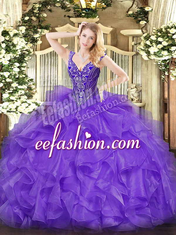 Flare Sleeveless Lace Up Floor Length Beading and Ruffles Quinceanera Dress