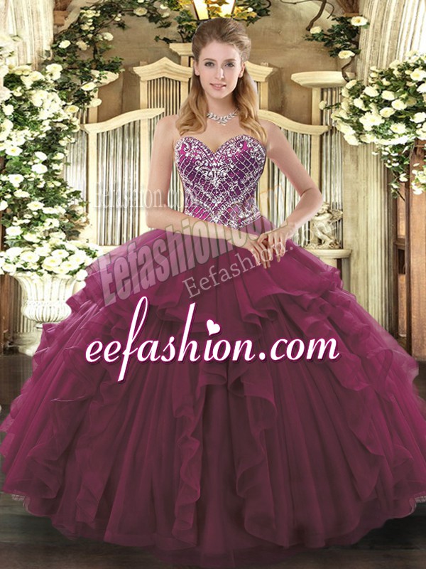  Sleeveless Floor Length Beading and Ruffles Lace Up Quinceanera Gowns with Burgundy
