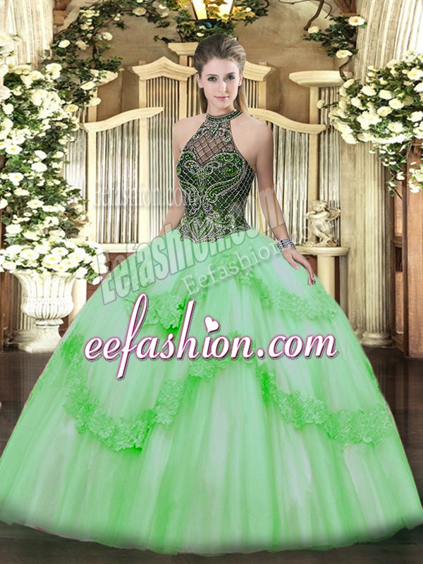 Eye-catching Taffeta and Tulle Lace Up Quinceanera Dresses Sleeveless Floor Length Beading and Appliques