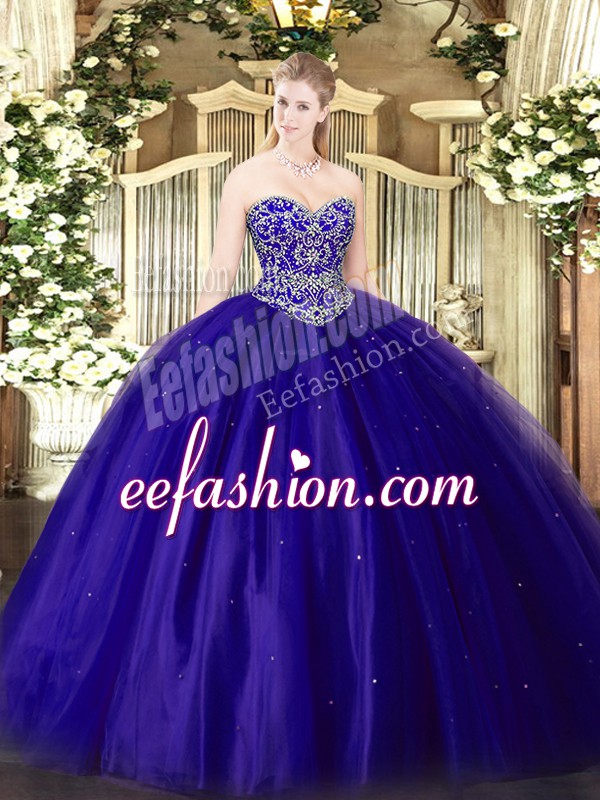 Fashion Blue Lace Up Ball Gown Prom Dress Beading Sleeveless Floor Length