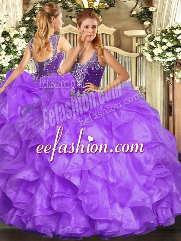  Straps Sleeveless Lace Up Ball Gown Prom Dress Lavender Organza