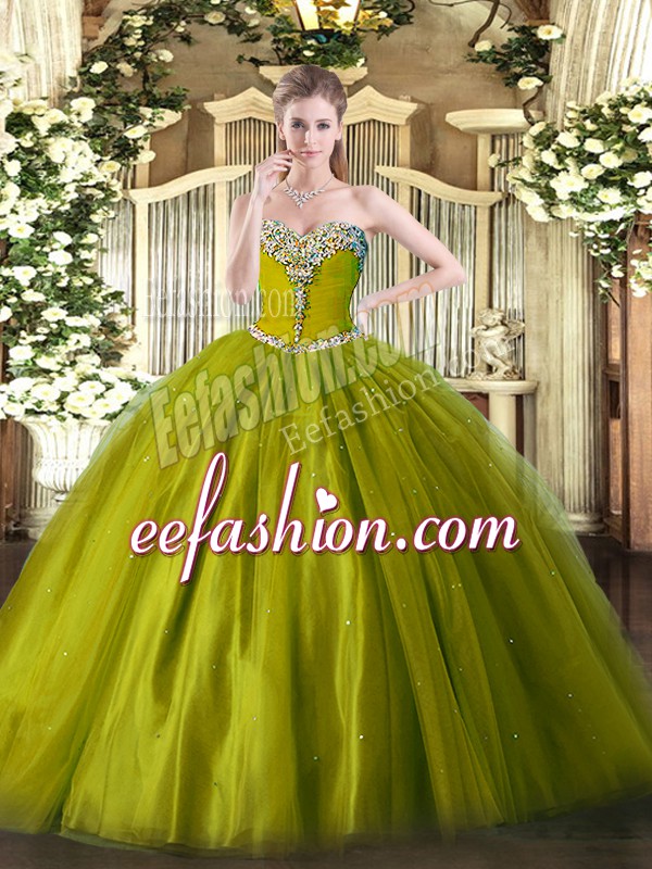  Olive Green Sleeveless Floor Length Beading Lace Up Quinceanera Gown
