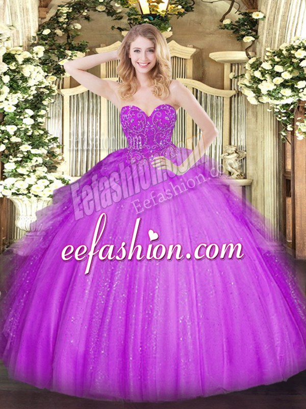  Lavender Tulle Lace Up Sweetheart Sleeveless Floor Length Sweet 16 Dress Lace