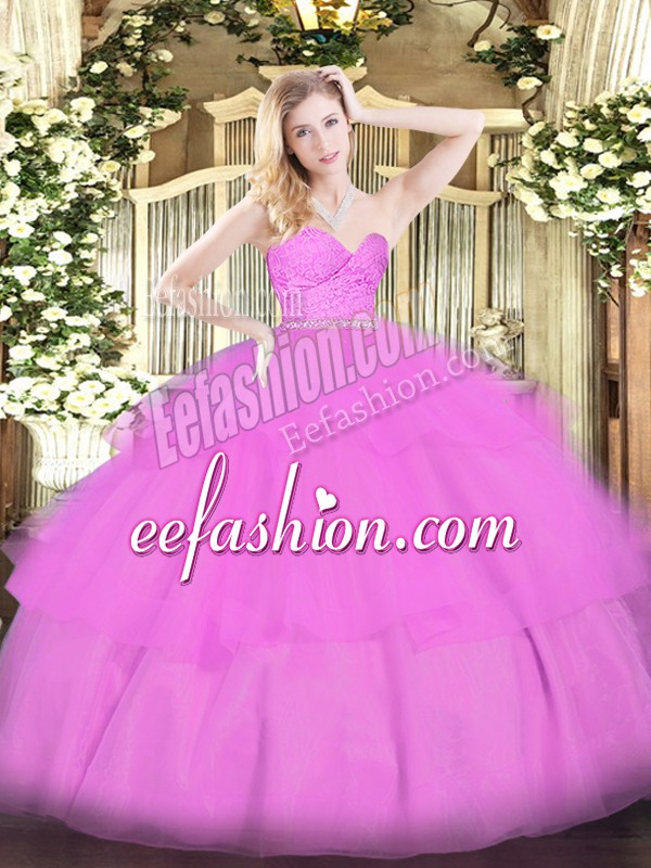 Popular Sleeveless Floor Length Beading and Lace and Ruffled Layers Zipper Quinceanera Dress with Lilac