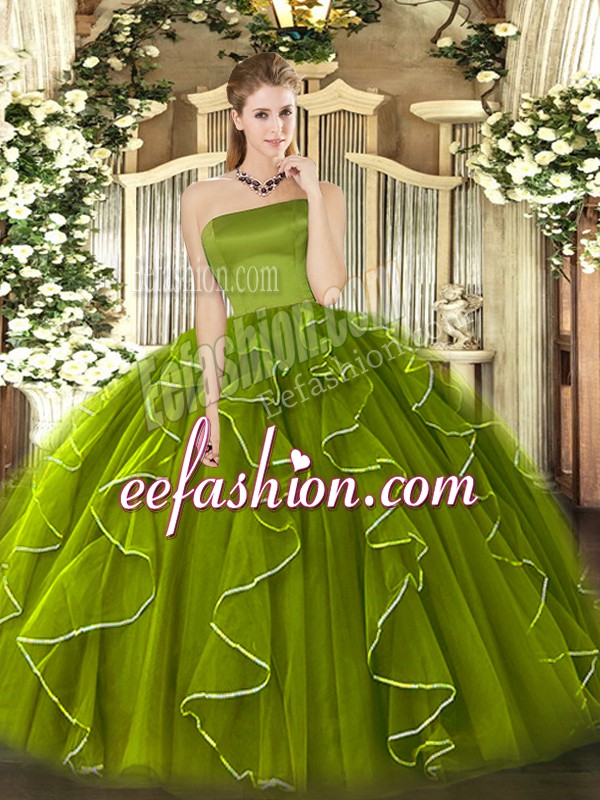 Hot Selling Olive Green Zipper Sweet 16 Dresses Ruffles Sleeveless Floor Length