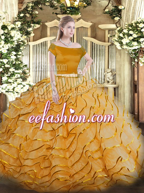 High Class Short Sleeves Tulle Brush Train Zipper Sweet 16 Dresses in Orange with Appliques and Ruffled Layers