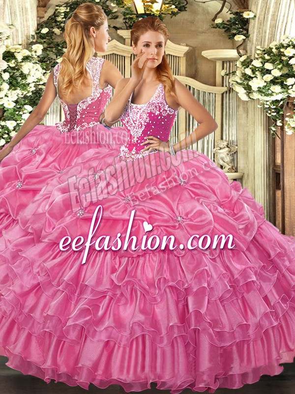 Clearance Organza Straps Sleeveless Lace Up Beading and Ruffled Layers and Pick Ups Quinceanera Gown in Rose Pink 