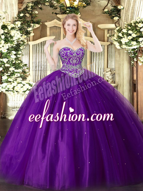 Sophisticated Purple Ball Gown Prom Dress Military Ball and Sweet 16 and Quinceanera with Beading Sweetheart Sleeveless Lace Up