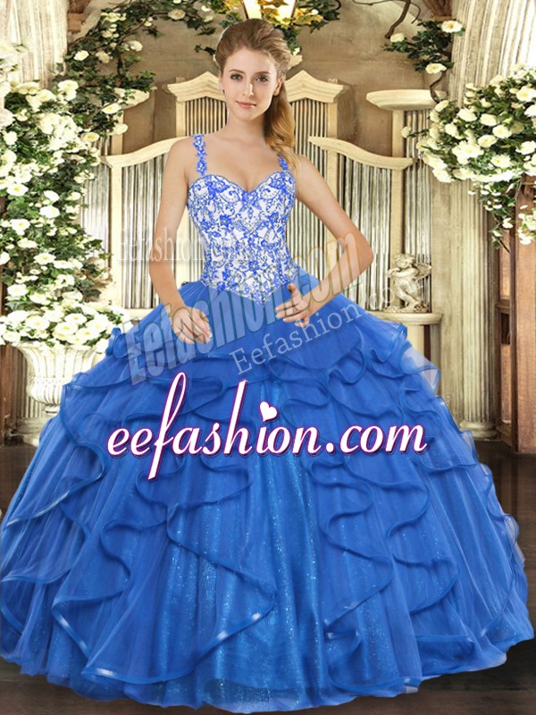  Blue Sleeveless Beading and Appliques and Ruffles Floor Length Quinceanera Dress