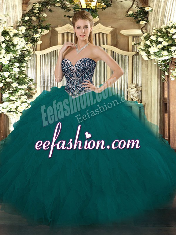 Flirting Teal Ball Gowns Beading and Ruffles Ball Gown Prom Dress Lace Up Tulle Sleeveless Floor Length