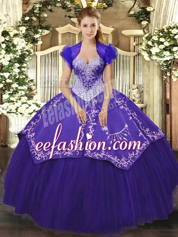  Purple Ball Gowns Beading and Embroidery Sweet 16 Dresses Lace Up Satin and Tulle Sleeveless Floor Length