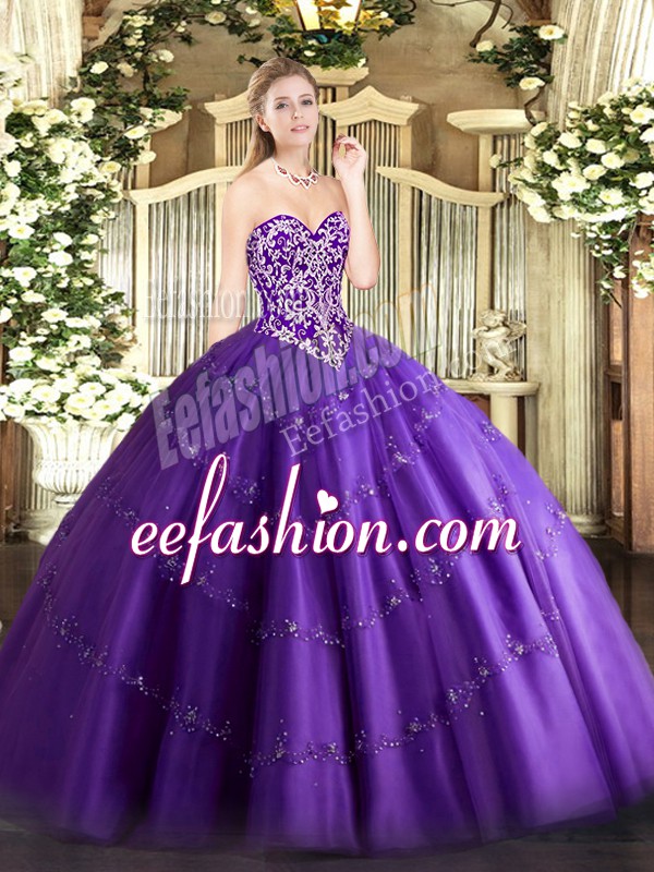 On Sale Purple 15th Birthday Dress Military Ball and Sweet 16 and Quinceanera with Beading and Appliques Sweetheart Sleeveless Zipper