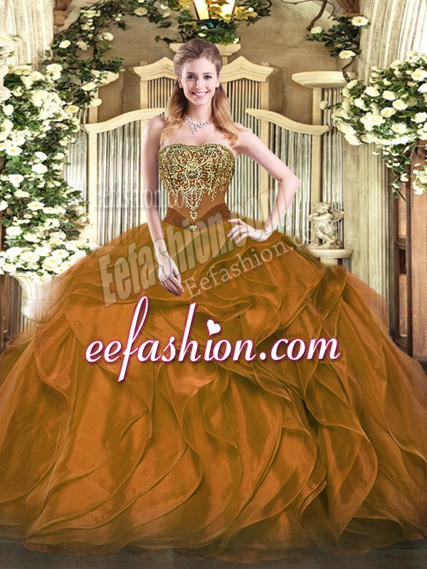 Discount Brown Strapless Neckline Beading and Ruffles Quinceanera Gowns Sleeveless Lace Up