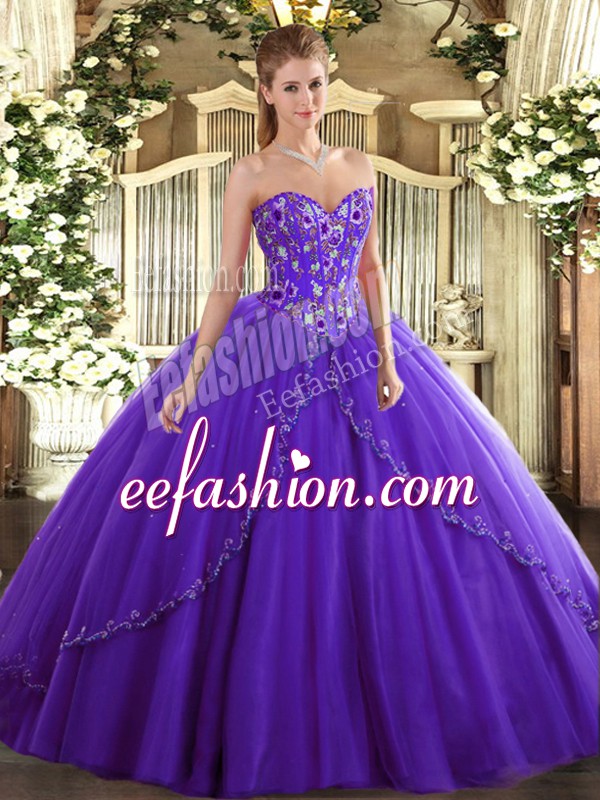  Purple Ball Gowns Tulle Sweetheart Sleeveless Appliques and Embroidery Lace Up Quinceanera Gown Brush Train